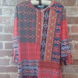 NYGARD Multicolor Orange Blue Floral Boho Casual Tunic Top Shirt Women Size M/M